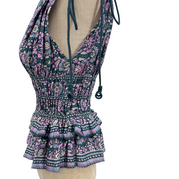 Omika Adaline Top Sleeveless Smocked Peplum Floral Print Blue Pink Green Size XS - Picture 6 of 9